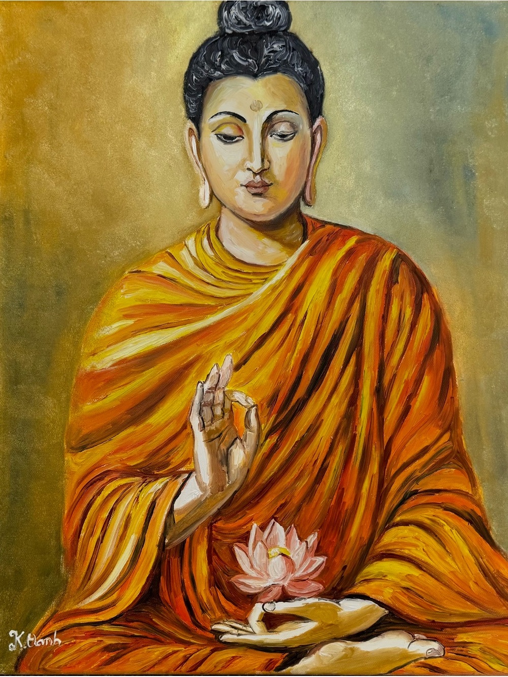 Original oil painting Buddha portrait Buddhism religious canvas signed 14x18 in